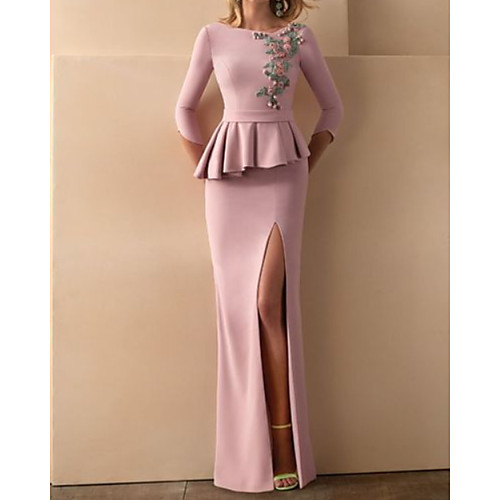 

Mermaid / Trumpet Peplum Floral Wedding Guest Formal Evening Dress Boat Neck 3/4 Length Sleeve Sweep / Brush Train Stretch Satin with Ruffles Split Appliques 2021