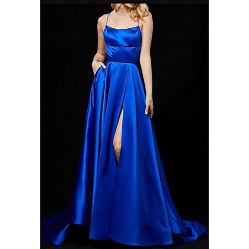 

A-Line Minimalist Sexy Wedding Guest Formal Evening Dress Spaghetti Strap Sleeveless Sweep / Brush Train Satin with Sleek Split 2021