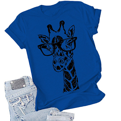 

women casual crewneck giraffe graphic printed t shirt summer short sleeve shirt tops blue