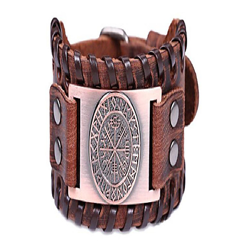 

campass leather bracelets for men nordic runes vintage jewelry (brown and antique copper)