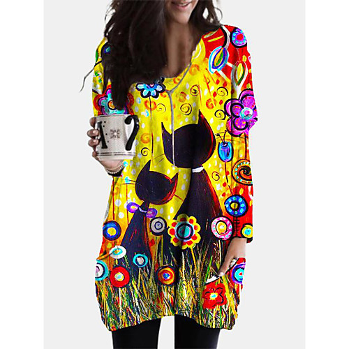 

Women's Shift Dress Short Mini Dress Long Sleeve Print Cat Animal Patchwork Print Fall Spring Casual Boho Cotton 2021 Yellow L XL XXL 3XL 4XL 5XL