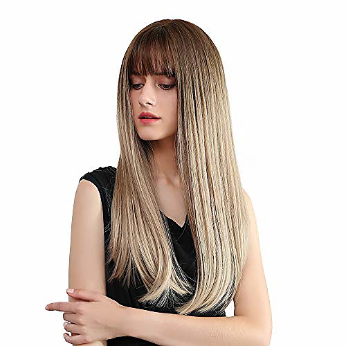 

wigs for white women 23 inch nature straight chocolate brown root synthetic wigs with blunt bang