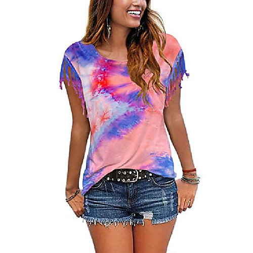 

women's tshirts casual short sleeve round neck tassel summer tops