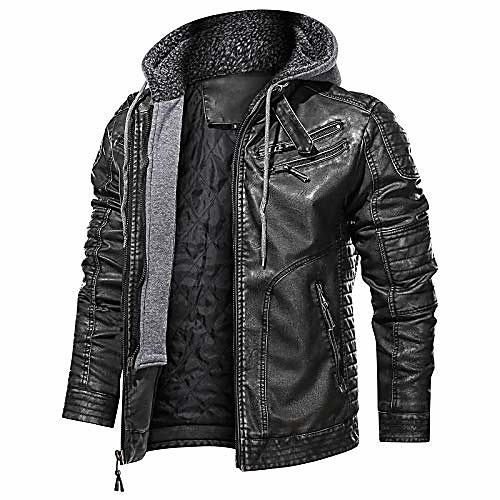 

men's faux jacket warm black motorcycle bomber jacket with removable hood