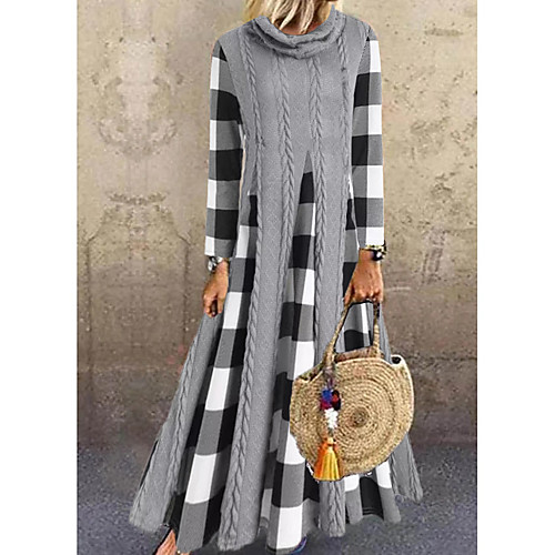 

Women's Sweater Jumper Dress Maxi long Dress Gray Long Sleeve Check Color Block Patchwork Fall Spring Round Neck Casual 2021 M L XL XXL 3XL