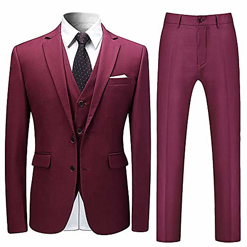 

mens stylish 3 piece dress suit classic fit wedding formal jacket & vest & pants,wine red,x-small