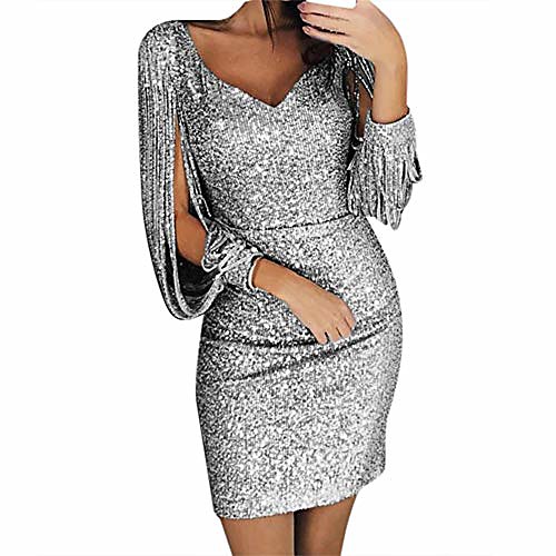 

libermall Women's Prom Dress sexy solid sequin shining bodycon mini pencil dress formal business dress evening party dress silver