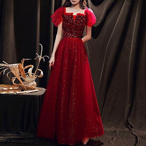 

A-Line Glittering Sparkle Party Wear Prom Dress Scoop Neck Short Sleeve Floor Length Tulle Sequined with Sequin 2021