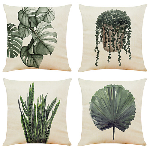 

Set of 4 Green Plants Linen Square Decorative Throw Pillow Cases Sofa Cushion Covers 18x18
