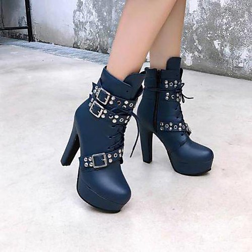

Women's Boots Chunky Heel Round Toe Booties Ankle Boots Classic Daily Walking Shoes PU Buckle Lace-up Solid Colored White Black Yellow / Mid-Calf Boots