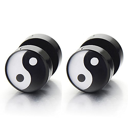 

10mm yin-yang stud earrings for men, illusion tunnel plug screw back, 2pcs