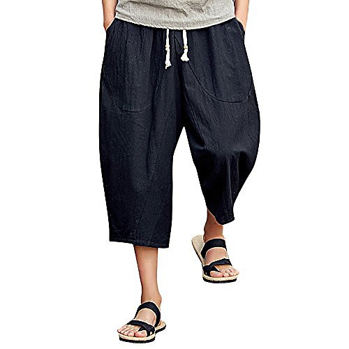 

mens casual slim sports pants calf-length linen trousers baggy harem pants black