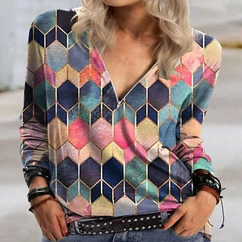 

Women's Tunic Color Gradient Color Block Long Sleeve Patchwork Print V Neck Tops Loose Basic Basic Top Fuchsia