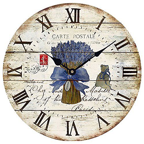 

wood wall clock 12vintage french country print lavender in tin romantic shabby chic large decorative roman numerals analog battery operated silent for home decoration & #40;lavender blue&