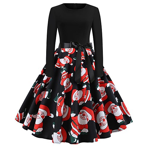 

Women's Swing Dress Knee Length Dress Red Long Sleeve Print Patchwork Print Winter Round Neck Elegant Vintage Cotton 2021 S M L XL XXL