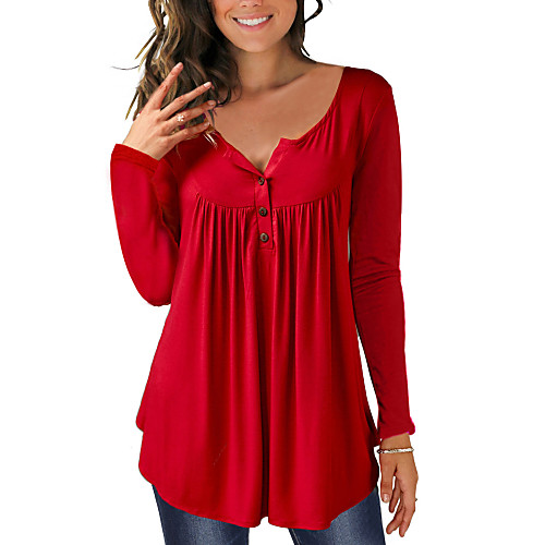 

Women's Plus Size Blouse Shirt Plain Long Sleeve Pleated V Neck Tops Basic Basic Top Black Blue Purple