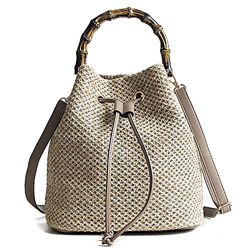 

women's bucket drawstring handbag straw shoulder bag straw weave crossbody handbag beach bags with bamboo handle
