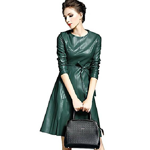 

womens faux leather fashion midi bodycon a-line dress with belted, dark green, 6