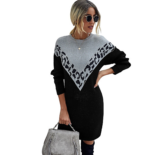 

Women's Shift Dress Short Mini Dress Black Khaki Long Sleeve Geometric Patchwork Fall Spring Round Neck Casual 2021 S M L XL