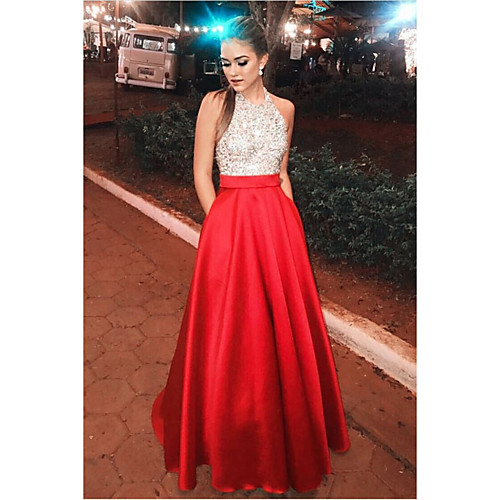 

A-Line Minimalist Elegant Engagement Prom Dress Halter Neck Sleeveless Floor Length Satin with Pleats Sequin 2021