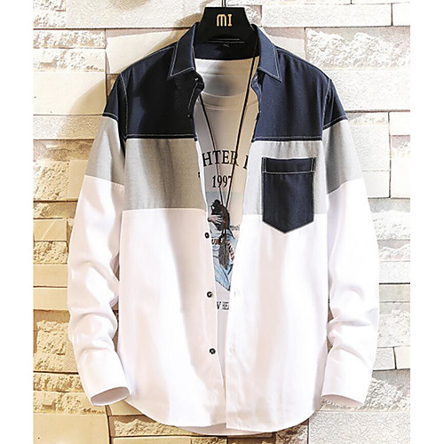 

Men's Shirt non-printing Color Block Patchwork Long Sleeve Daily Tops Basic Navy Blue Gray