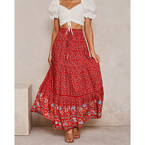 

Women's Basic Boho Cotton Swing Skirts Floral Ruched Patchwork Red Khaki Dusty Blue / Maxi / Loose