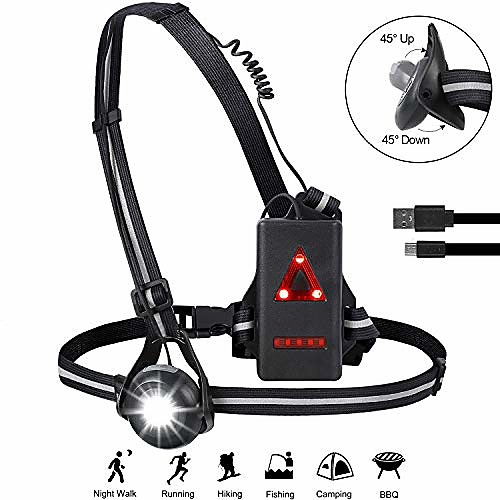 

running light reflective gear, bright waterproof led safety light with red taillights, usb rechargeable 500 lumens, elastic adjustable strap with high visibility for night runners jogging dog walking