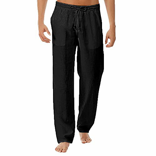 

men linen long pants | casual solid elastic waist drawstring trousers | summer loose straight-leg beach yoga pants (xxx-large, black)