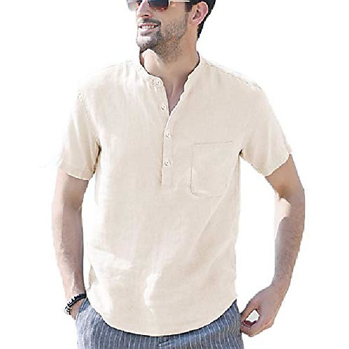 

Men linen henley shirt short sleeve hippie casual beach t shirts with pocket beige