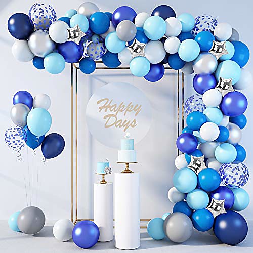 

144 pcs blue balloons garland arch kit 12''10''5'' navy royal blue white confetti pearlescent star silver metallic balloons for birthday baby shower wedding party decorations supplies with 4pcs tools