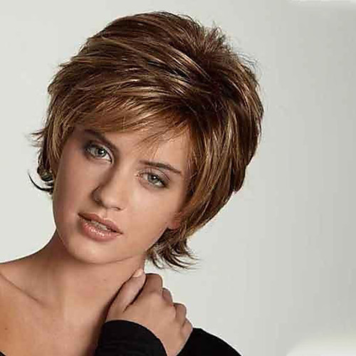 

Synthetic Wig Natural Straight With Bangs Wig Blonde Short Dark Brown Blonde Synthetic Hair Women's Easy to Carry Natural Exquisite Dark Brown Blonde