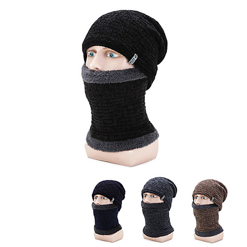

Men's Hiking Cap Beanie Hat 1 set Winter Outdoor Windproof Warm Soft Thick Neck Gaiter Neck Tube Skull Cap Beanie Solid Color Cotton Blend Black Brown Dark Blue for Fishing Climbing Running