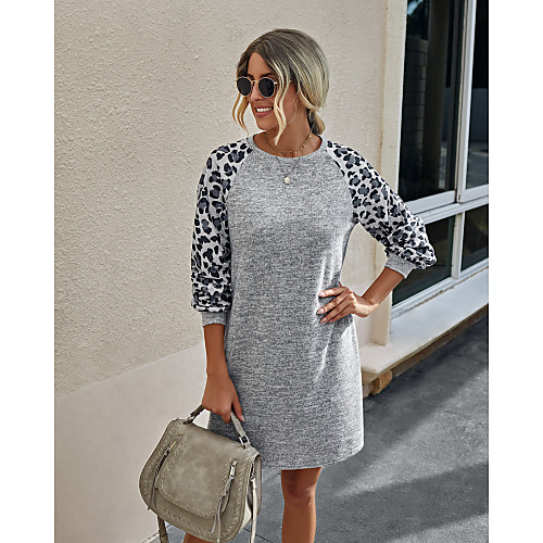 

Women's Shift Dress Knee Length Dress Black Blue Gray Long Sleeve Leopard Pocket Patchwork Print Fall Round Neck Casual Slim 2021 S M L XL