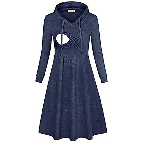 

women feeding hoodies dress with pockets,ladies casual double layers t shirt swing breastfeeding midi dresses long sleeves winter stretchy mother pullover clothes(blue,large)