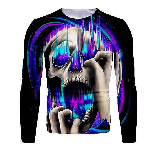 

Men's T shirt 3D Print Graphic 3D Skull Print Long Sleeve Halloween Tops Basic Blue