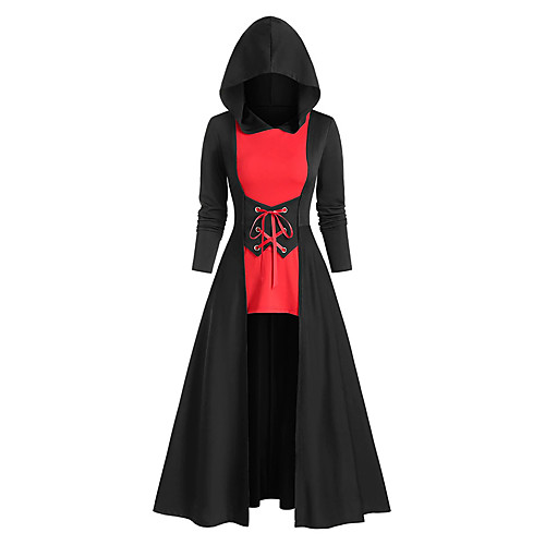 

Women's Swing Dress Midi Dress Black Long Sleeve Color Block Lace up Patchwork Plus High Low Fall Winter Hooded Vintage Slim 2021 M L XL XXL 3XL