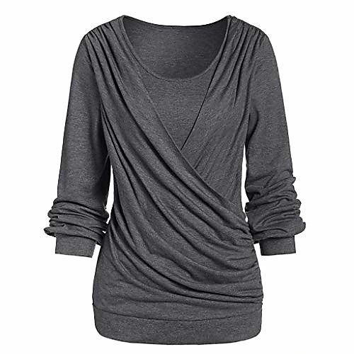 

women's cross pleated long sleeve round neck t shirt casual plus size blouse tops s-5xl gray