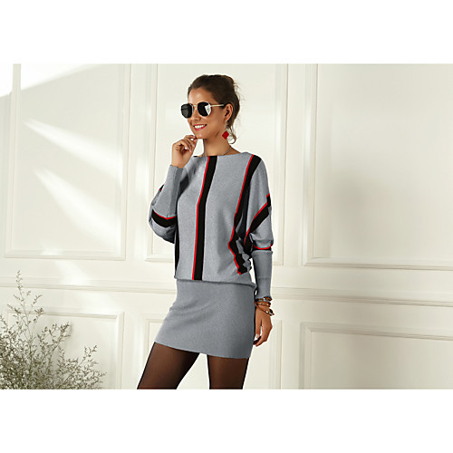 

Women's Sweater Jumper Dress Short Mini Dress Black Blue Beige Gray Long Sleeve Striped Patchwork Fall Round Neck Casual Batwing Sleeve 2021 M L XL XXL