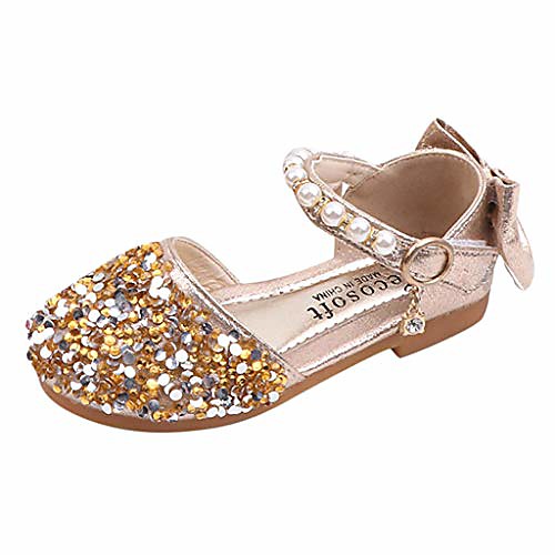 

rained-toddler girls shiny bling bling princess dress shoes ballet flat mary jane closed toe sandals bowknot flat shoes gold