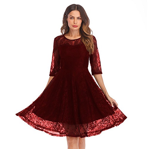 

Women's A Line Dress Knee Length Dress Black Wine Navy Blue 3/4 Length Sleeve Solid Color Lace Summer Round Neck Sexy 2021 S M L XL XXL