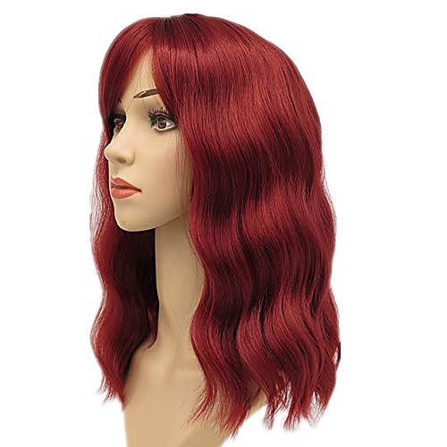 

wavy curly bob wig with bangs for women wine red wigs16 inches curly wig natural wavy heat resistant synthetic hair