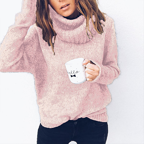 

Women's Solid Color Pullover Long Sleeve Sweater Cardigans Turtleneck Fall Winter Black Blue Purple