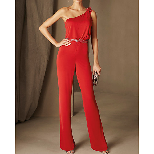 

Jumpsuits Minimalist Elegant Wedding Guest Formal Evening Dress One Shoulder Sleeveless Floor Length Stretch Satin with Beading Appliques 2021