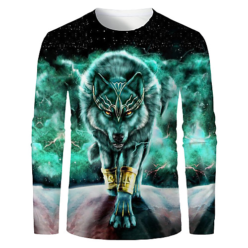 

Men's T shirt 3D Print Graphic 3D Animal Print Long Sleeve Daily Tops Light Green