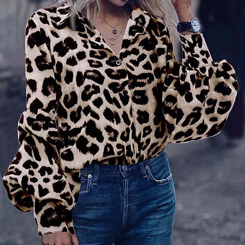 

Women's Blouse Shirt Leopard Long Sleeve Shirt Collar Tops Basic Top Brown Gray