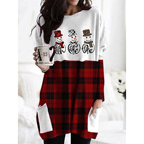 

Women's Christmas T-shirt Letter Snowman Long Sleeve Patchwork Round Neck V Neck Tops Cotton Basic Christmas Basic Top Red Wine Light gray