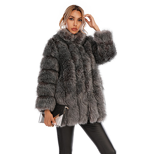 

Women's Solid Colored Fur Trim Streetwear Winter Fur Coat Regular Going out Long Sleeve Faux Fur Coat Tops White
