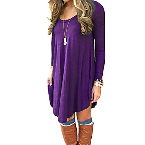 

women's dress long sleeve stretch solid a-line short tunic dresses purple 3x-large