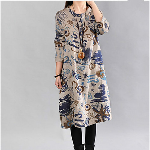 

Women's A Line Dress Midi Dress Gray Long Sleeve Floral Print Fall Spring Vintage Loose Linen M L XL XXL