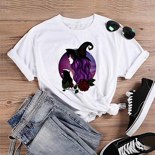 

Women's T shirt Cat Graphic Text Print Round Neck Tops 100% Cotton Basic Basic Top White Black Purple